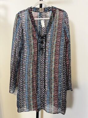SW3 Bespoke Womens Silk Sheer Tunic Top Boho Lace Up Long Sleeve Purple Blue M